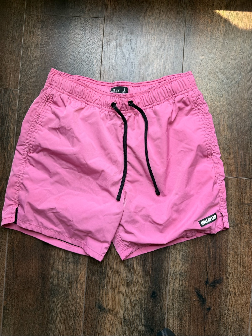 Hollister Men's Bubblegum Pink Swim Trunks with Black Drawstring